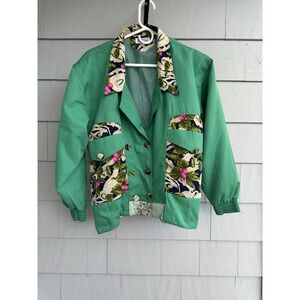 Handmade Upcycled Vintage Jacket XL Green Floral Print‎ Retro Windbreaker